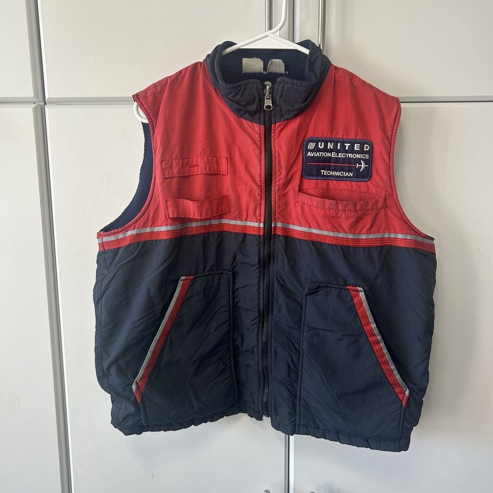 Vintage United Airlines Aviation Electronics Technician Vest Red Navy Blue L